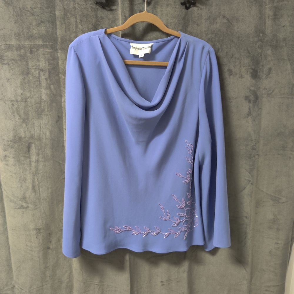 Stephanie Thomas Light Blue Chiffon Top with Beaded Detail Size 18